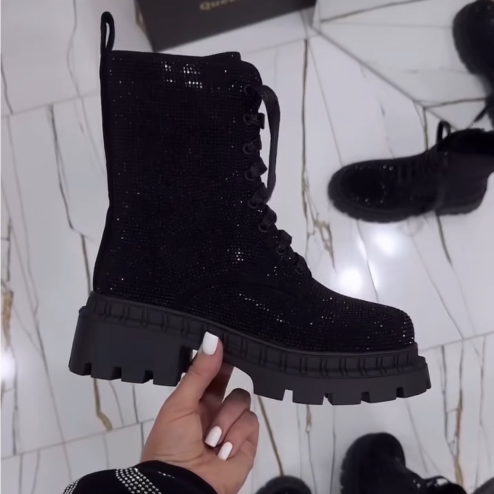 Rhinestone Thick-Heel Casual Lace-Up Martin Boots